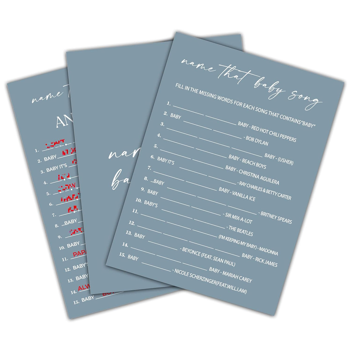 Blue Baby Shower Game, Name That Baby Song Baby Shower Game Cards, Gender Reveal Party Game, Baby Shower Party Activities & Decorations -1 Answer Card & 25 Game Cards(A06)