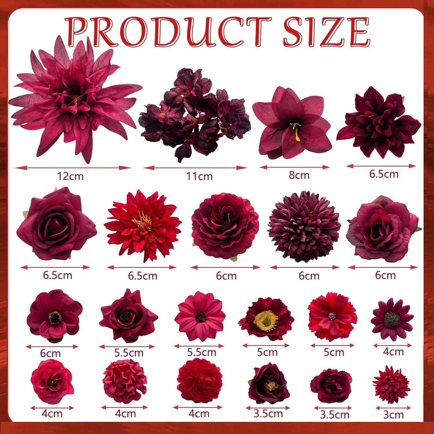 Artificial Burgundy Red Christmas Flowers Bulk Silk Roses Fake Flowers Heads For Crafts Diy Home Party Valentines Decorations Big Small Faux Fabric Flowers Heads 3-12Cm Christmas Decor (Burgundy Red)