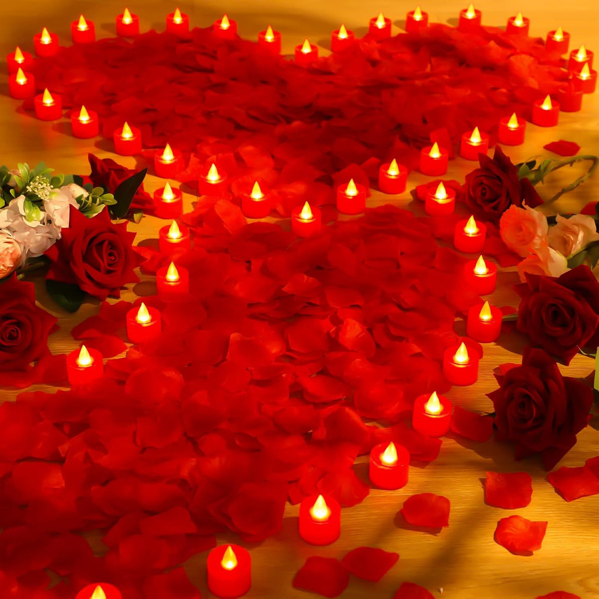 6000 Pcs Artificial Rose Petals With 72 Pcs Flameless Led Candles Romantic Decorations Fake Candles Anniversary Decorations For Valentine'S Day Wedding Night(Red)