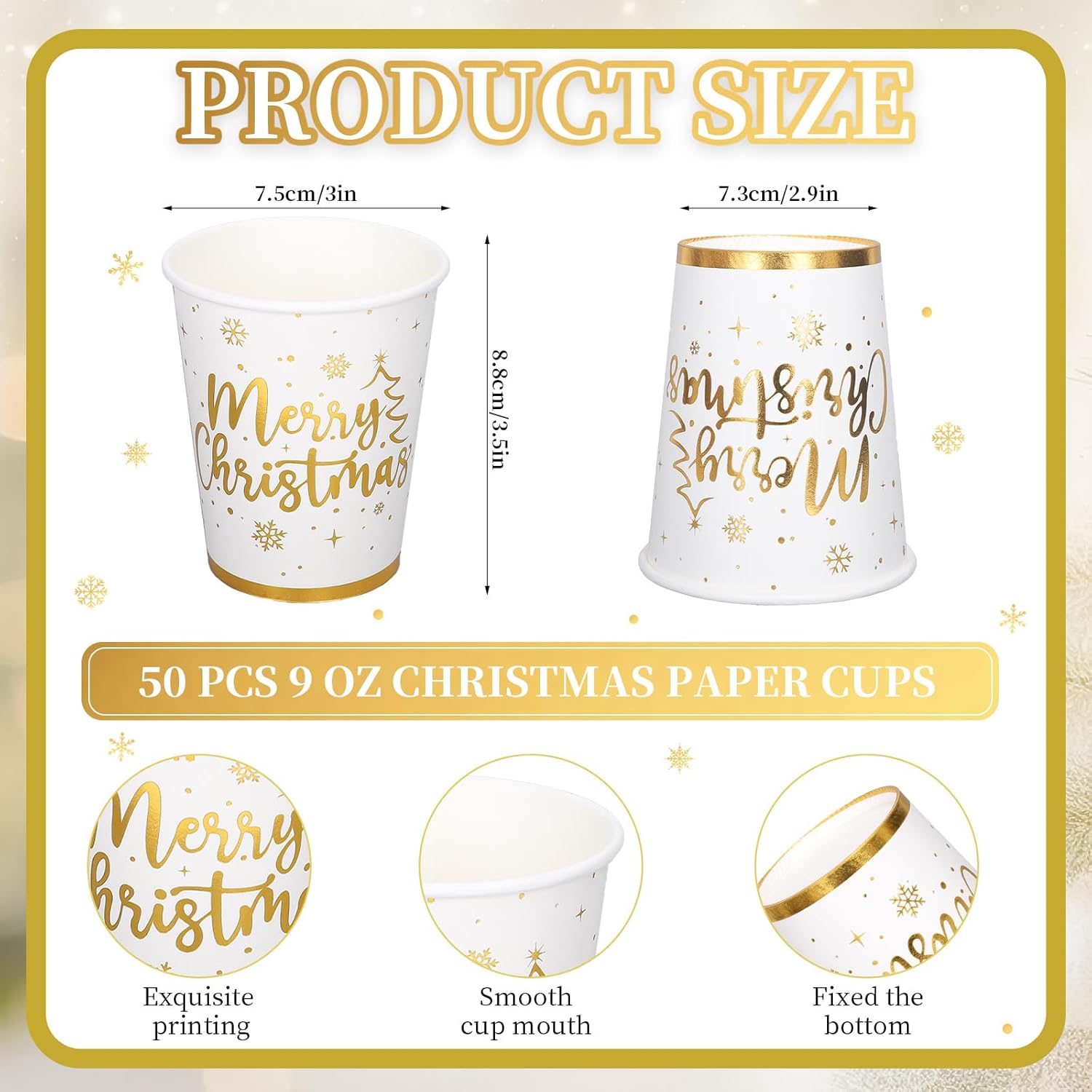 50Pcs Gold Foil Christmas Paper Cups 9 Oz Disposable Coffee Cups Xmas Holiday Party Cups For Hot Cold Beverage Party Supplies