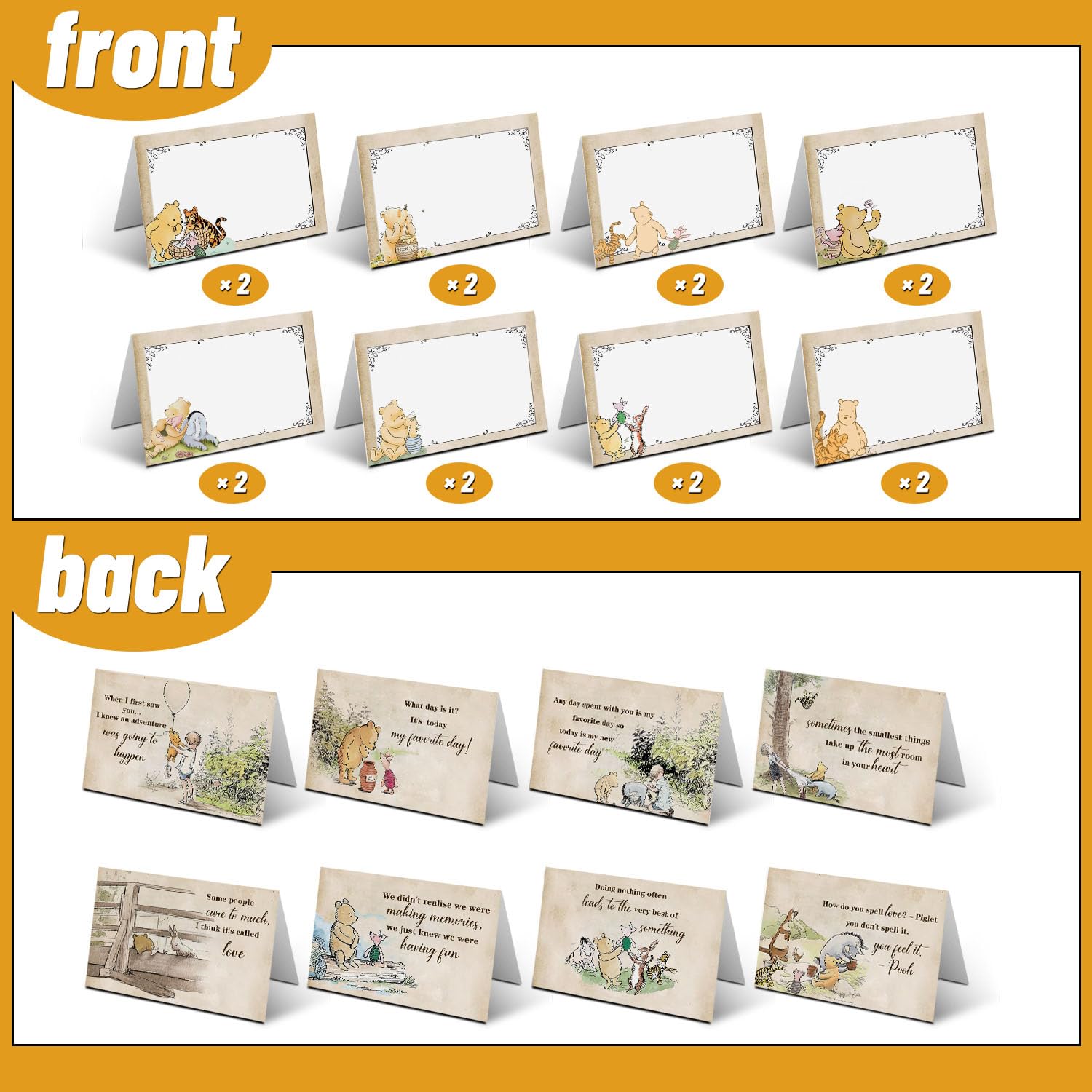 16Pcs Winnie Quotes Prints Centerpiece Card, Classic Pooh Game Cards Set For Baby Shower, Includes 8 Different Winnie Quotes Cards?Perfect For Baby Shower Party Activity Supplies