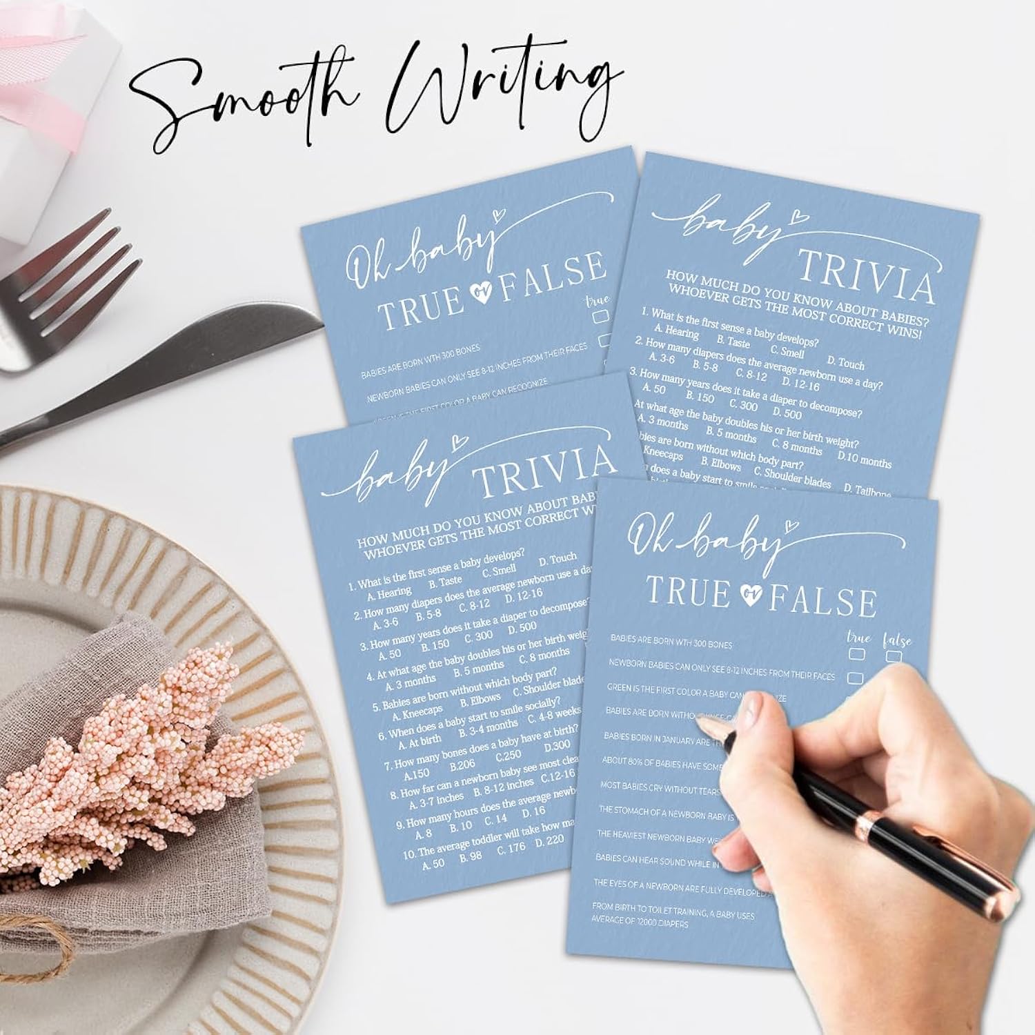 30 Pcs Baby Shower Game Cards & 1 Pcs Answer Card - True Or False & Baby Trivia - Minimalism Blue Double-Sided Game Gender Reveal,Announcement Party Supplies - B04