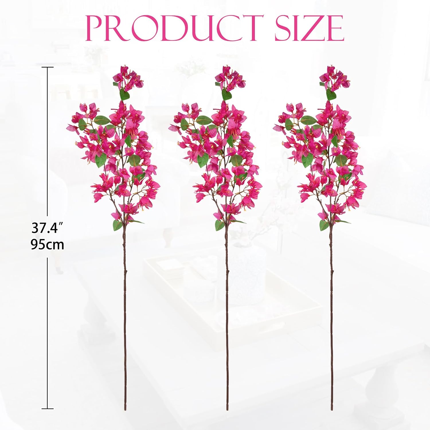 3Pcs Bougainvillea Artificial Flowers 37.4In Long Stem Silk Bougainvillea Floral Branches Fake Plants And Flowers Bouquet For Home Garden Party Wedding Centerpiece Vase Decor(Fuchsia)