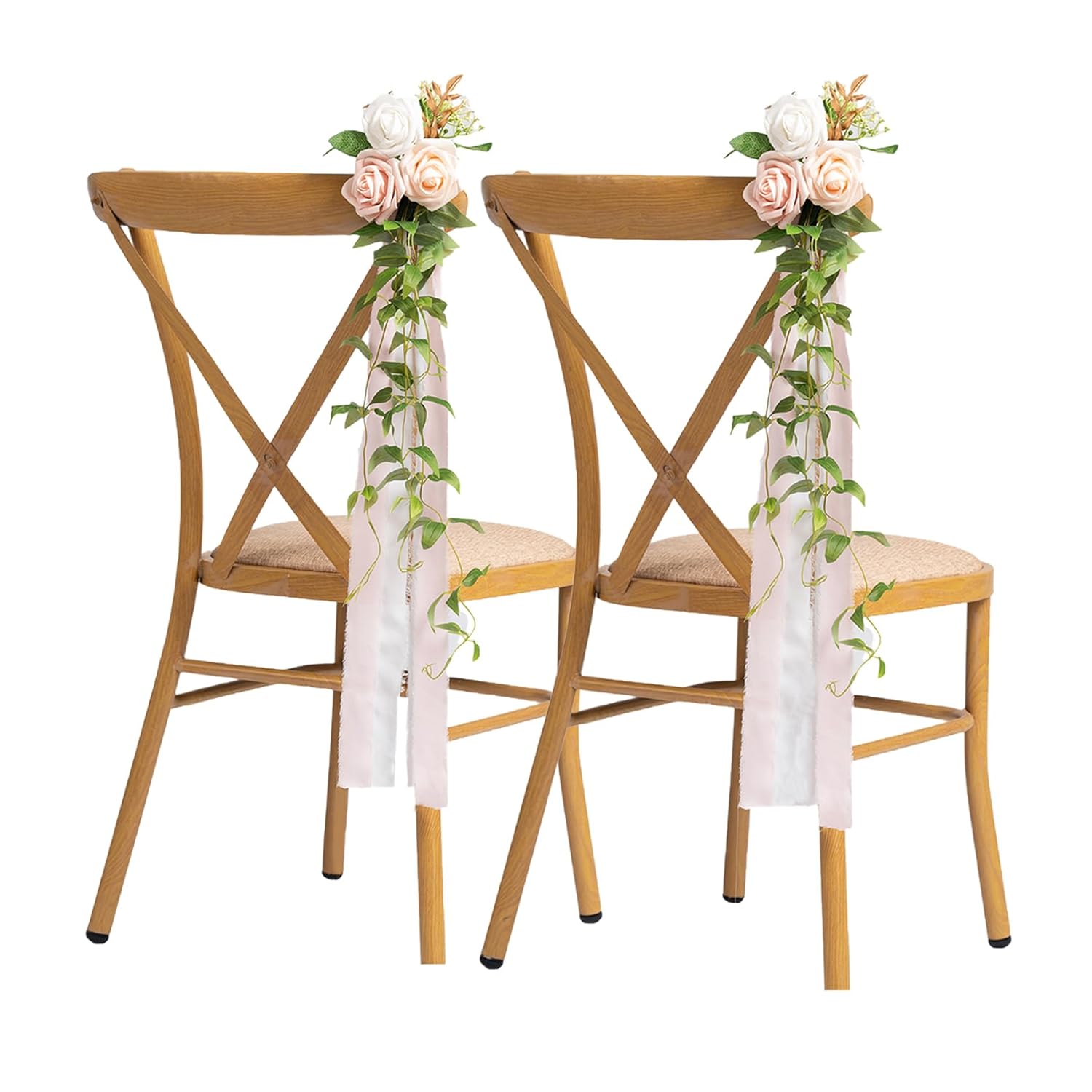 Wedding Chair Decorations Set Of 10 Aisle Artificial Flowers White Pink Rose Garland With Hanging Ribbons For Ceremony Reception Church Pew Arrangement Party Wedding Aisle Decor