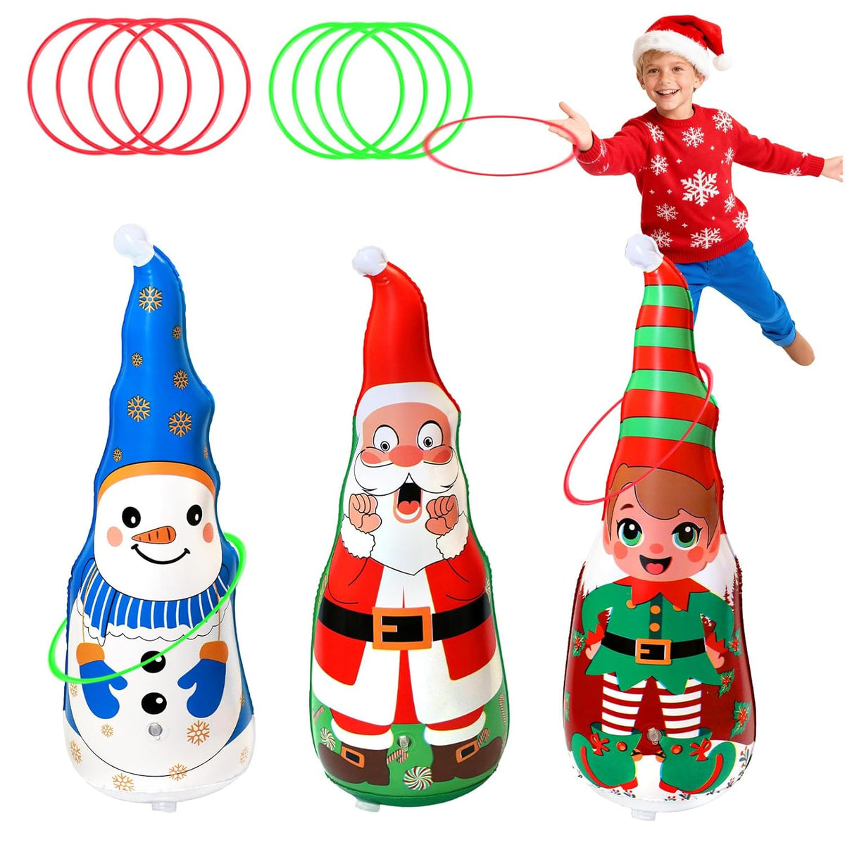 Christmas Games Gifts For Kids & Family, Christmas Inflatable Ring Toss Game Set, Roly-Poly Santa, Snowman & Elf Toys, Office Party Favors Supplies Stocking Stuffers, Xmas Indoor Outdoor Carnival