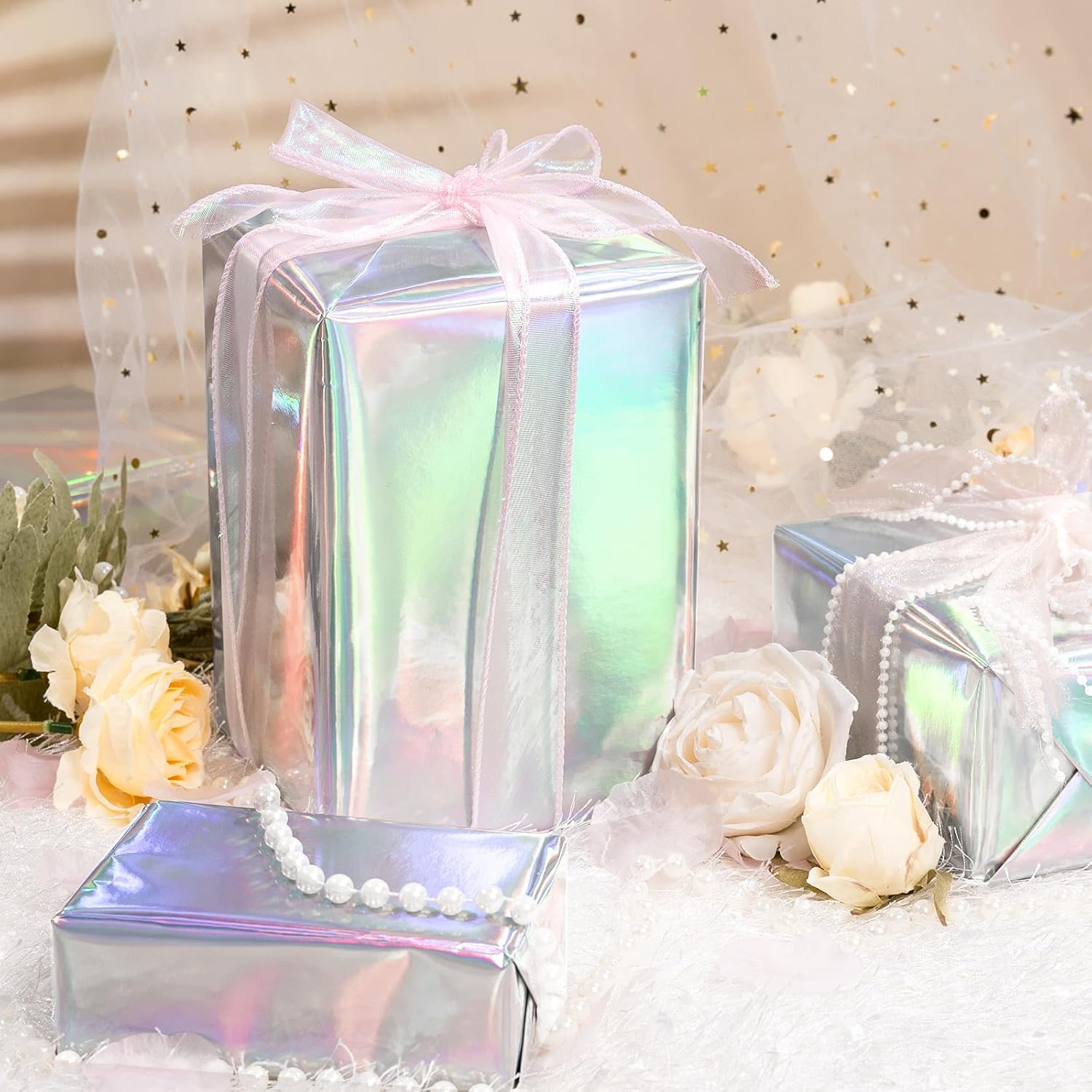 Holographic Iridescent Shiny Sparkle Metallic Glitter Silver Gift Wrapping Paper For Birthday, Valentines, Mothers Day, Graduation, Wedding, Fathers Day, Christmas (17 In X 32.8 Ft)