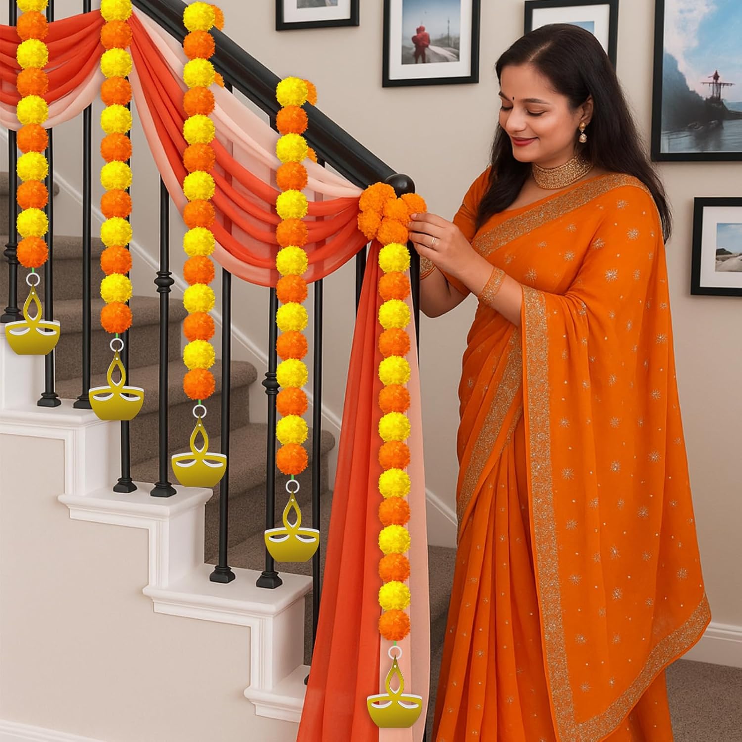 12 Pcs Marigold Garland 2.6 Ft Long Strands Artificial Marigold Flowers Garland With Pendant Flower String Indian Diwali Decorations For Pooja Indian Wedding Dia De Los Muertos(Orange Yellow)