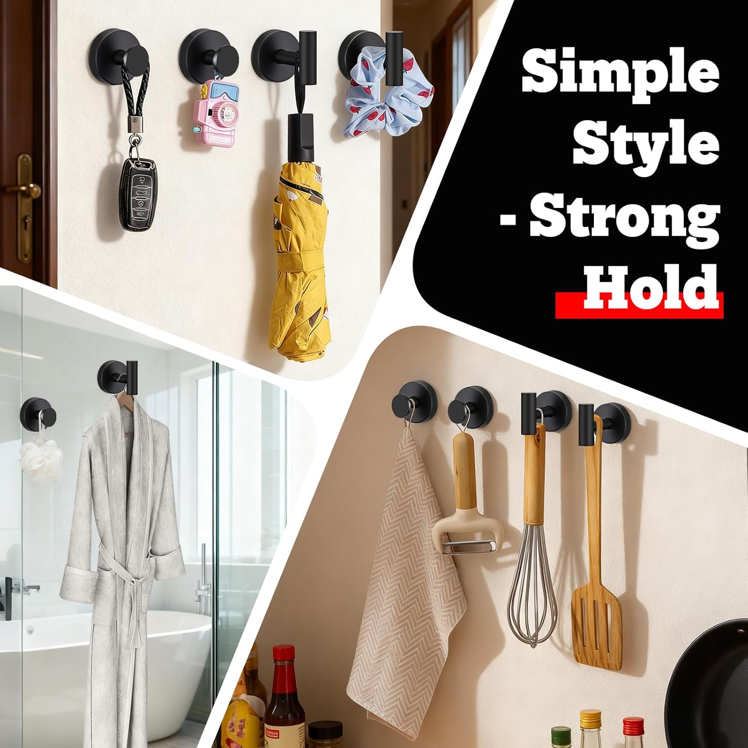 4 Pack Suction Cup Hooks For Shower - Stainless Steel Towel Hooks For Bathroom, Removable Shower Hooks For Bathroom Mirror Window Glass Wall Robe Looafh, Waterproof, Black