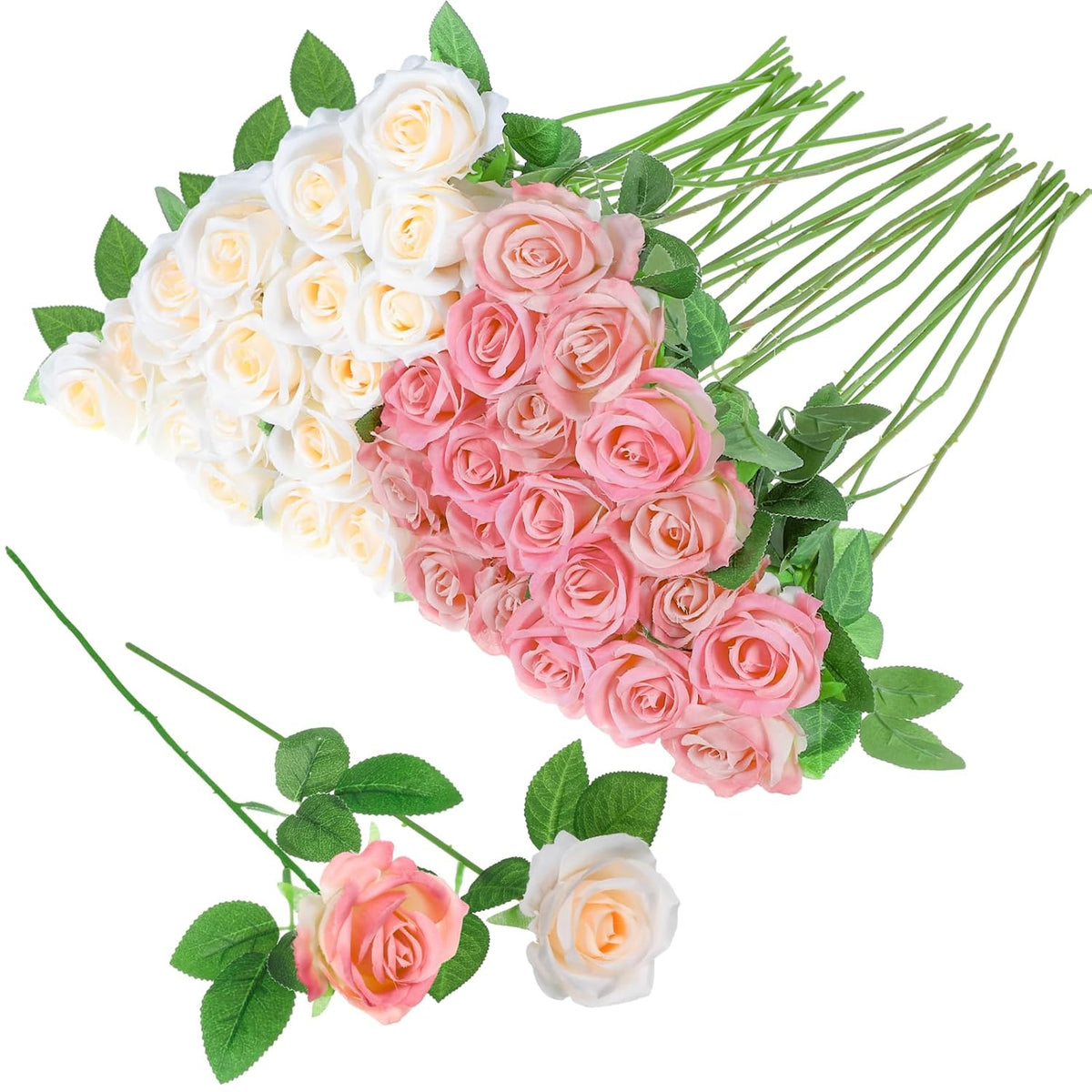 36 Pcs Pink Champagne Rose Artificial Flowers Bulk With Long Stem,Realistic Silk Fake Roses Plastic Roses Bouquet Artificial Flowers For Bridal Wedding Arrangement Table Centerpieces Decor
