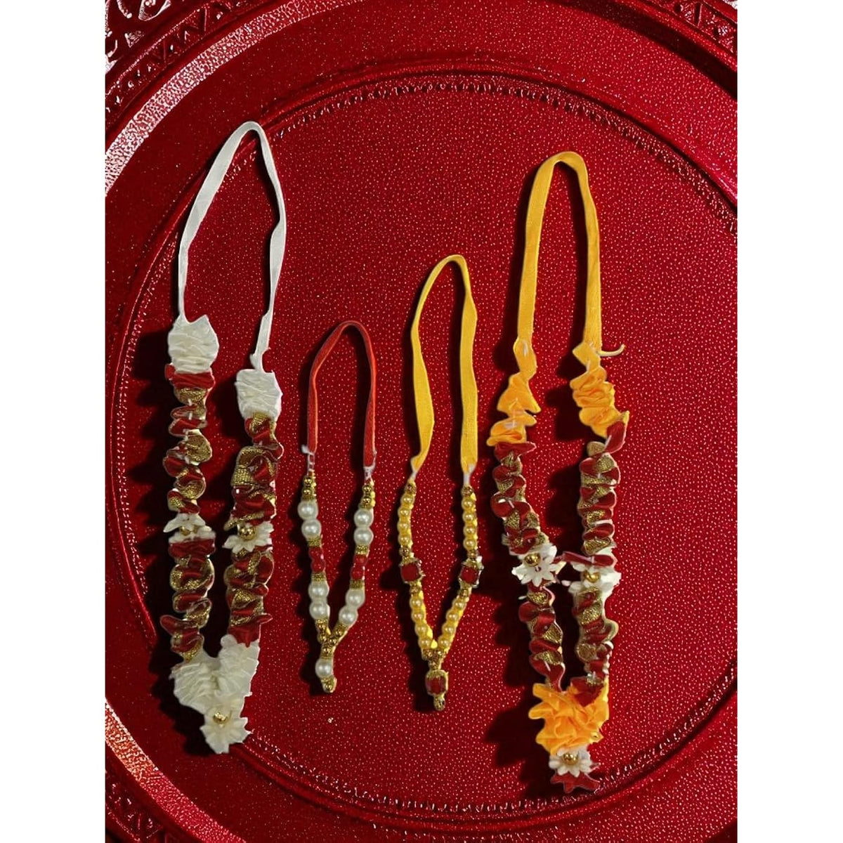 Small Artificial Pooja Mala For God Idol – Reusable Flower Garland, Indian Temple Decor, Accessories For Photo Frame Saawan Pooja Shringar Krishna Janmashtami Accessories (6 Inches) – Set Of 4