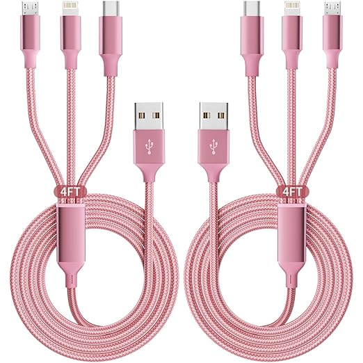 2 Pack 3 in 1 Multi Charging Cable 4FT Universal Fast Charging Cord for iPhone 17 16 15 Samsung Android iPad