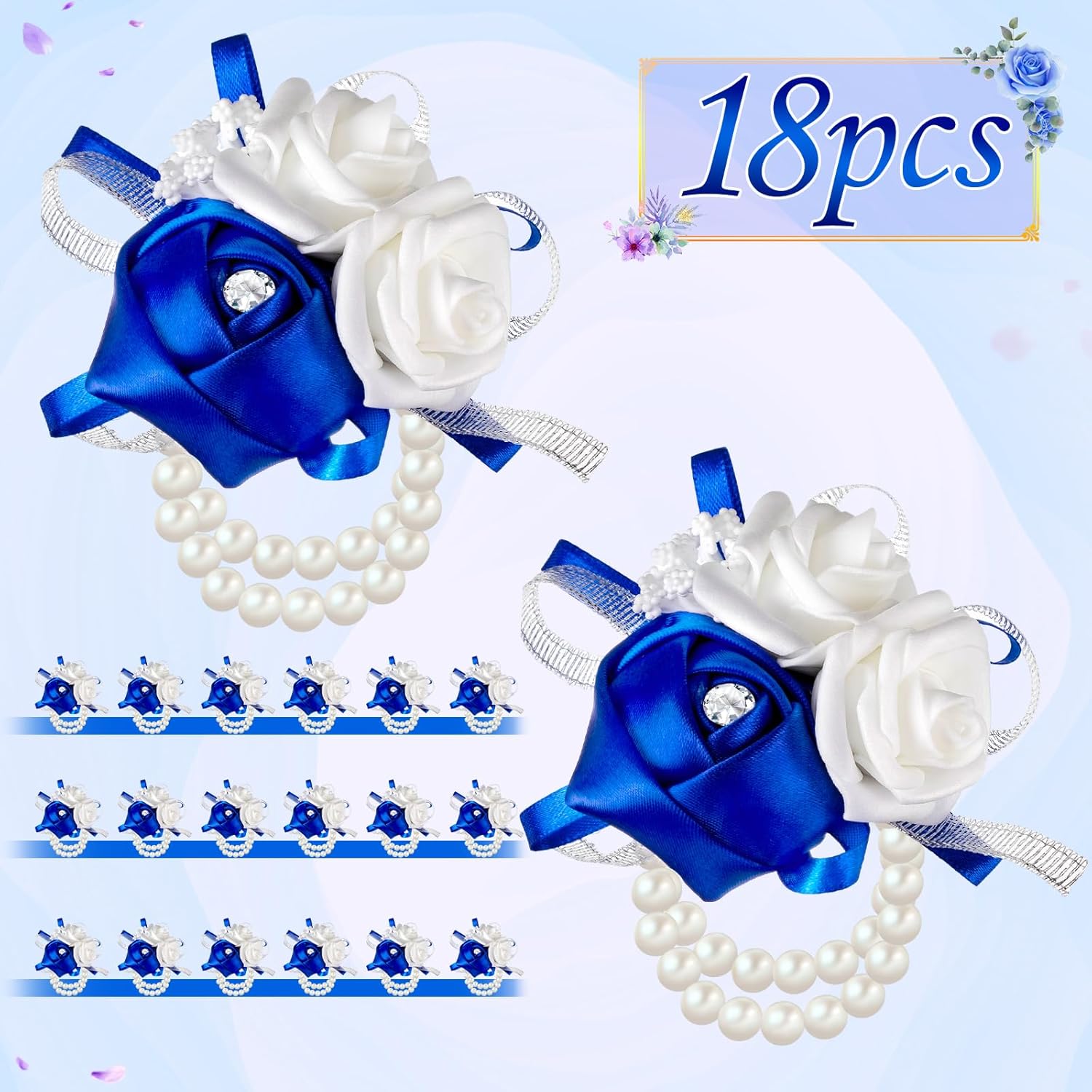 18 Pcs Wrist Corsages For Prom Wedding Artificial Rose Wristlet Corsage Hand Flower For Mother Of Bride And Groom, Bridal, Bridesmaid Wedding Supplies (Royal Blue)