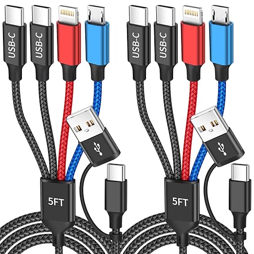 2 Pack 4 in 2 Multi Charging Cable 5FT Dual USB C USB A Universal Fast Charger Cord for iPhone 17 Android iPad