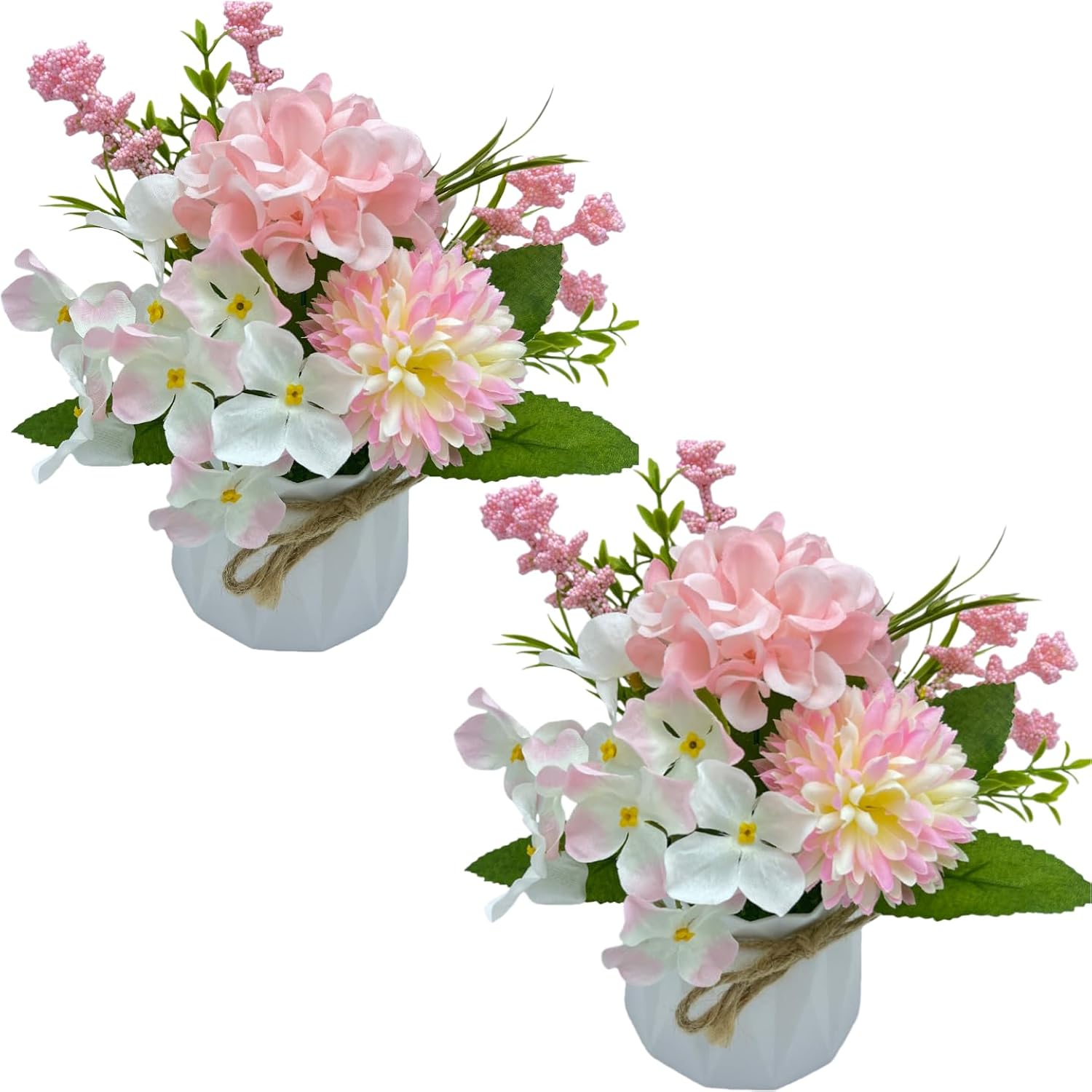 2 Potted Pink White Hydrangea Artificial Flowers Indoor Fake Plant Bathroom Accessories Decor?Faux Silk Flowers Arrangement In Vase Centerpieces For Tables Dresser Shelf Decor Aesthetic