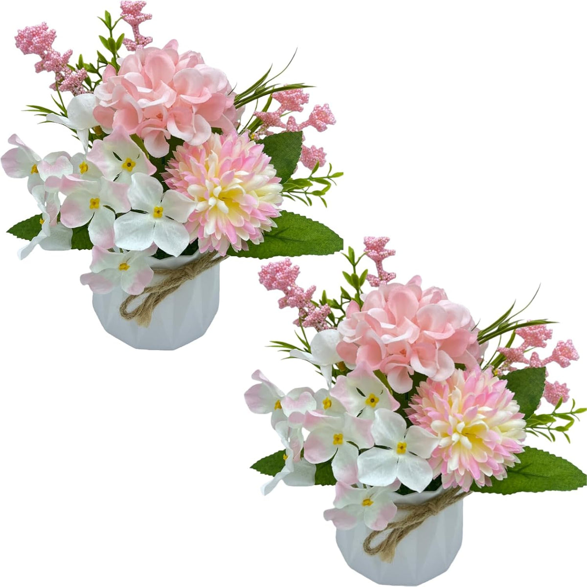 2 Potted Pink White Hydrangea Artificial Flowers Indoor Fake Plant Bathroom Accessories Decor?Faux Silk Flowers Arrangement In Vase Centerpieces For Tables Dresser Shelf Decor Aesthetic