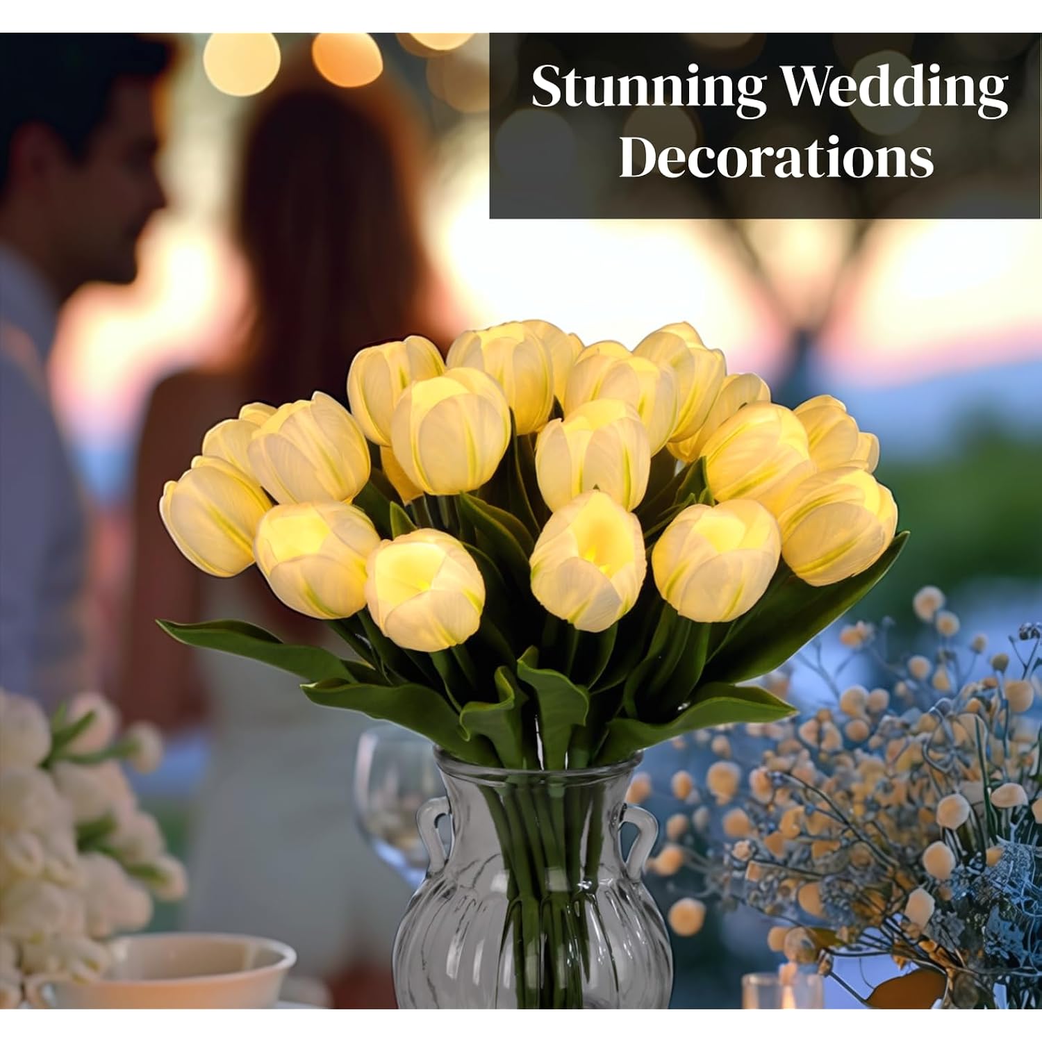 20Pcs Led Lighted Artificial Flowers Tulip Lamp Real Touch Tulips Faux Flower Lights For Valentine'S Day And Easter Home Kitchen Wedding Dining Table Decor(White)