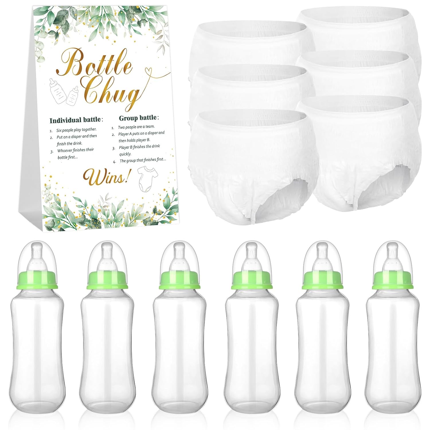 6 Sets Bottle Chug Baby Shower Game Baby Shower Favor Green Funny Plastic Bottles Disposable Diapers Greenery Eucalyptus Themed Sign For Gender Reveal Games Changing Diaper Race Game Decoration