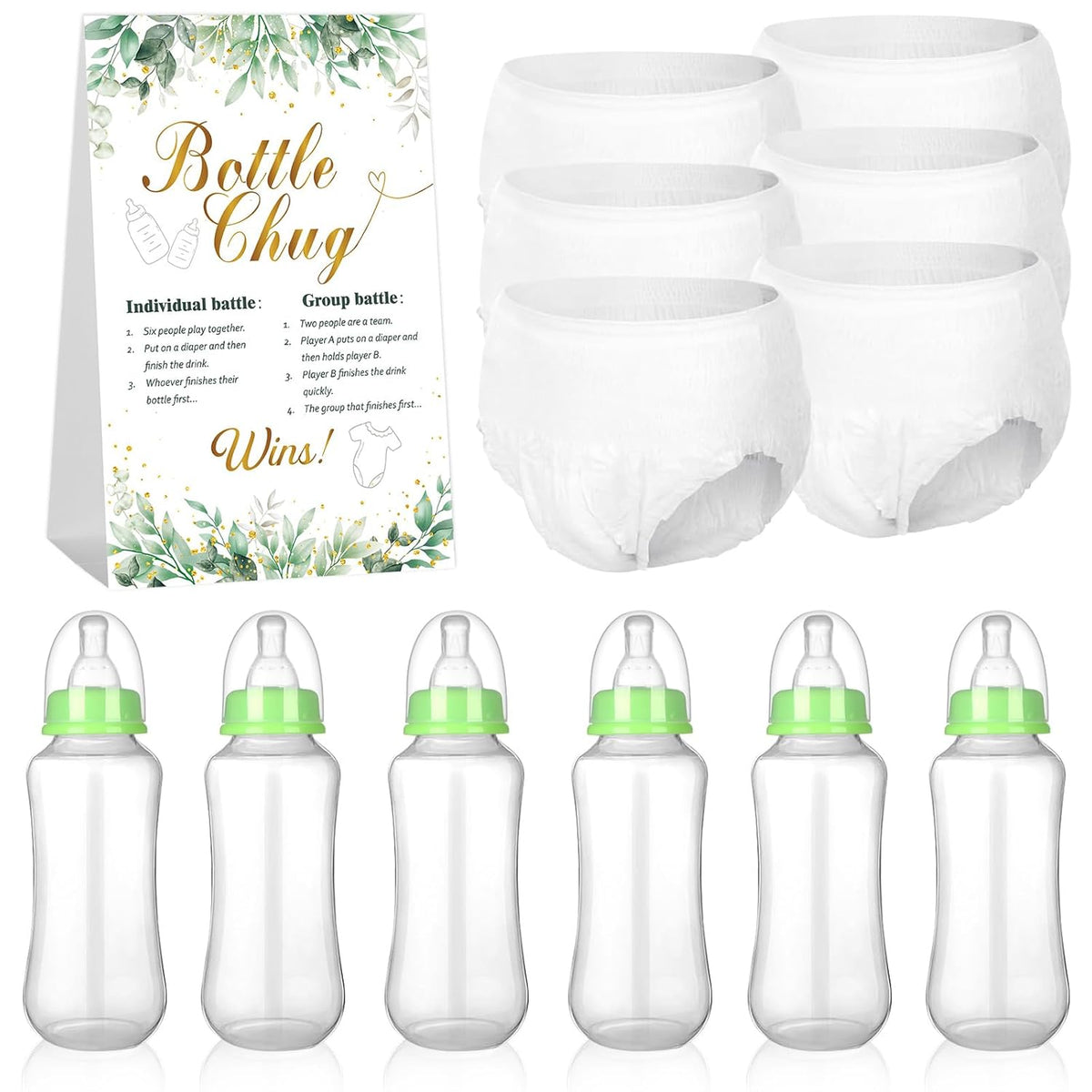6 Sets Bottle Chug Baby Shower Game Baby Shower Favor Green Funny Plastic Bottles Disposable Diapers Greenery Eucalyptus Themed Sign For Gender Reveal Games Changing Diaper Race Game Decoration