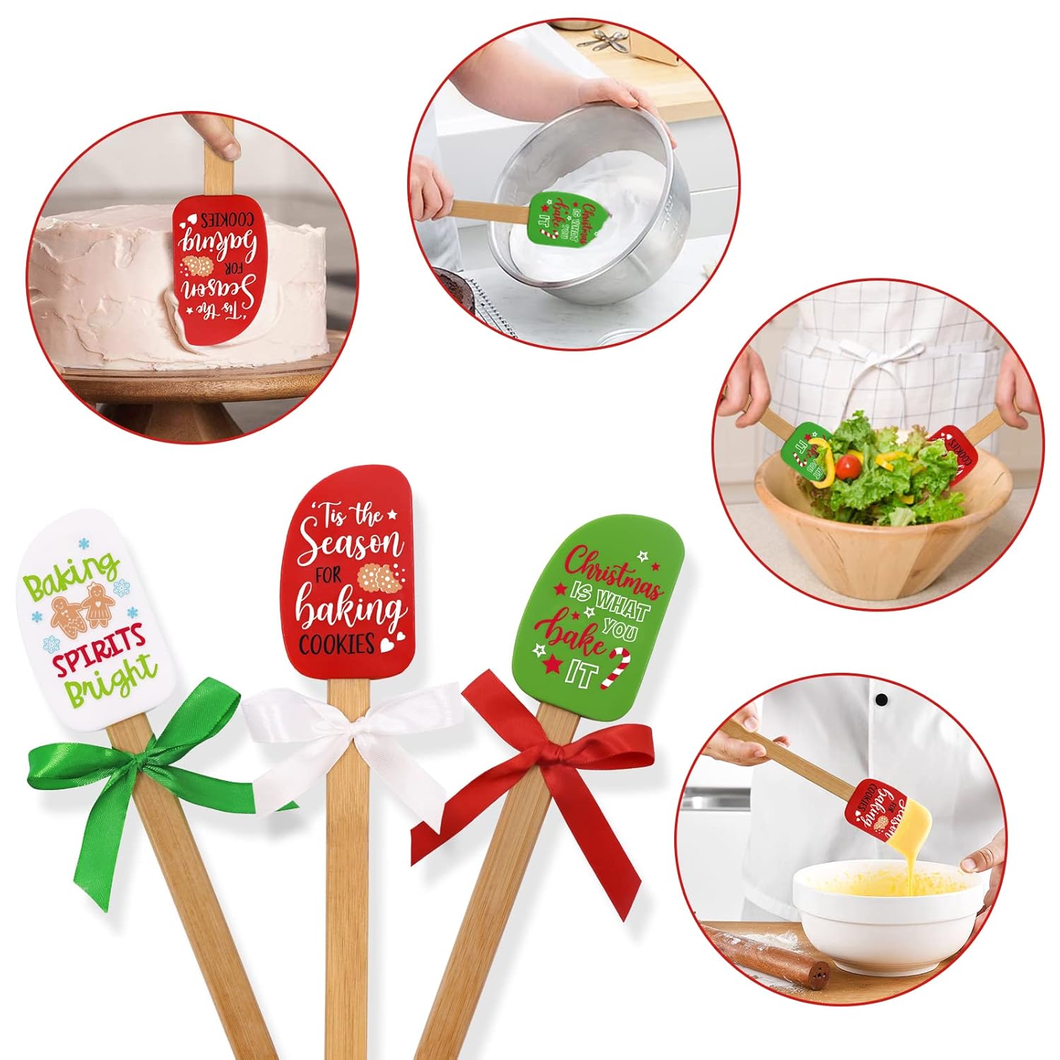 Set Of 3 Christmas Silicone Spatulas W/Merry Christmas Greeting Card, Food Grade Heat Resistant Scraper Connect Bamboo Handle, Classic Gingerbread Man Candy Cane Reindeer Xmas Cooking Baking Gifts