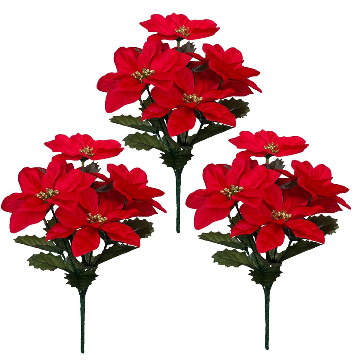 3 Pack Artificial Poinsettia Bushes – 9.8" Faux Red Poinsettia Bouquets With 7 Heads Each, Christmas Artificial Flowers For Holiday Tree, Table Centerpiece, Indoor Outdoor Décor, Diy Table Runner