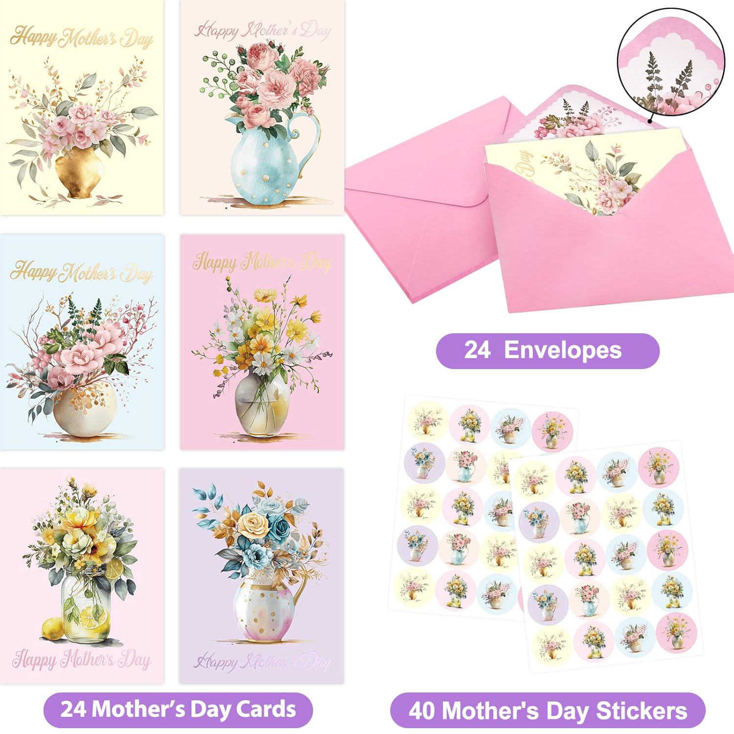 Mothers Day Cards With Envelopes 24 Pack Gold Foil Mother'S Day Floral Cards Bulk Flower Card Mother 'S Day Gift For Mom Blank Inside