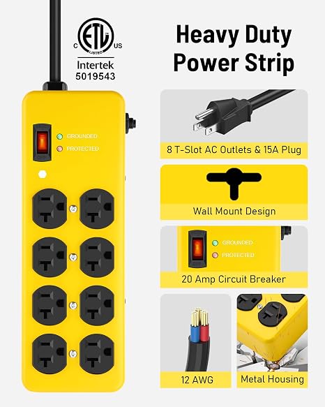 20A Heavy Duty Power Strip Surge Protector 8 AC Outlets 12 Gauge 10 Ft Yellow