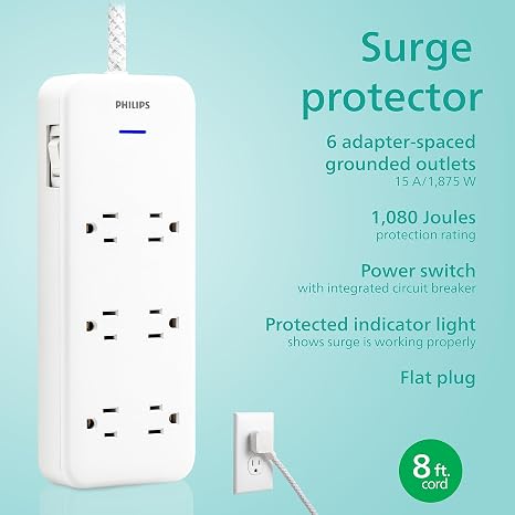 Surge Protector Power Strip 8 Ft Braided Extension Cord Heavy Duty