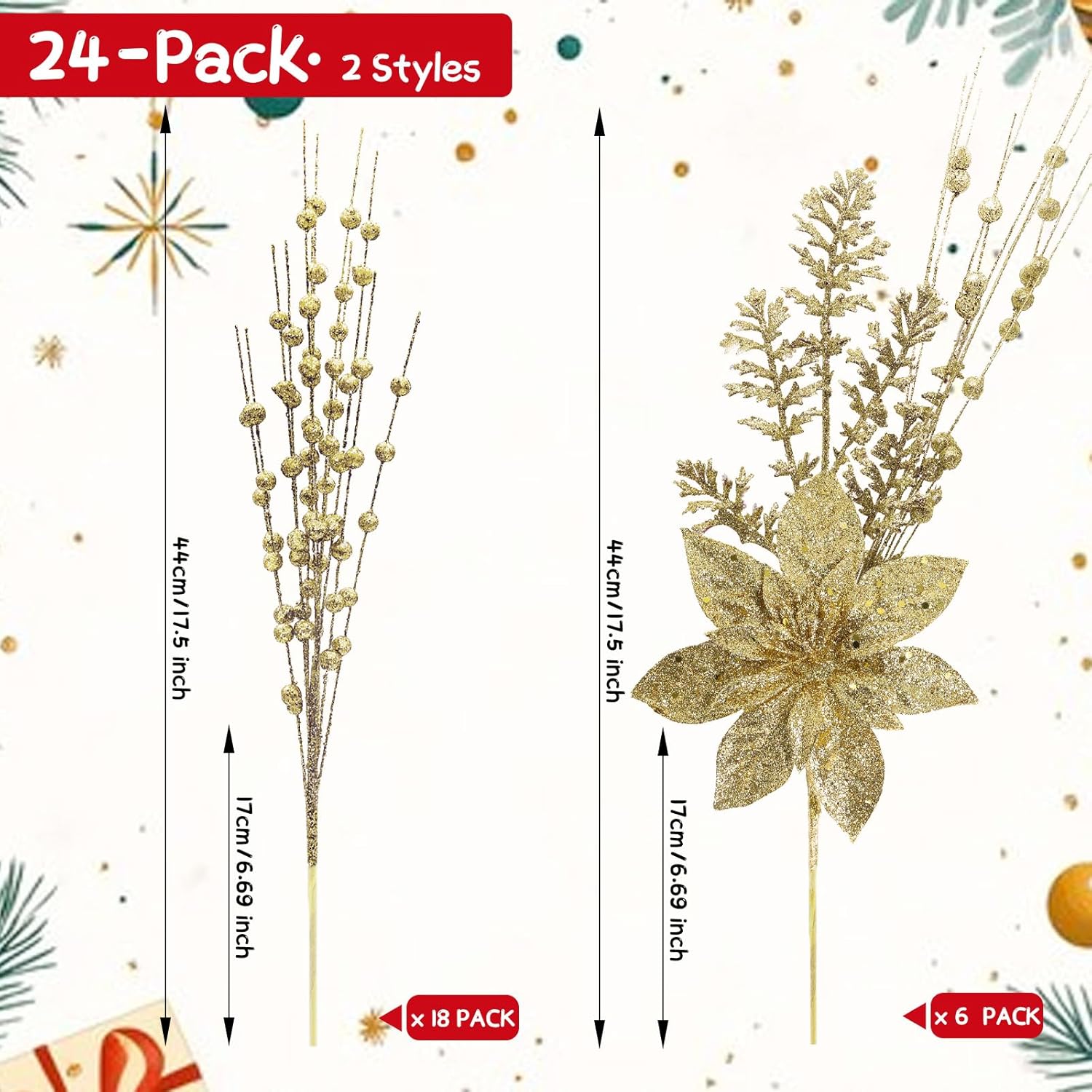 24 Pack Artificial Glitter Berry Stem Ornaments - 17.5 Inch Fake Christmas Picks Decorations With Poinsettia Flowers, Bead Sticks For Diy Christmas Tree, Wreath, Wedding & Small Vase Decor