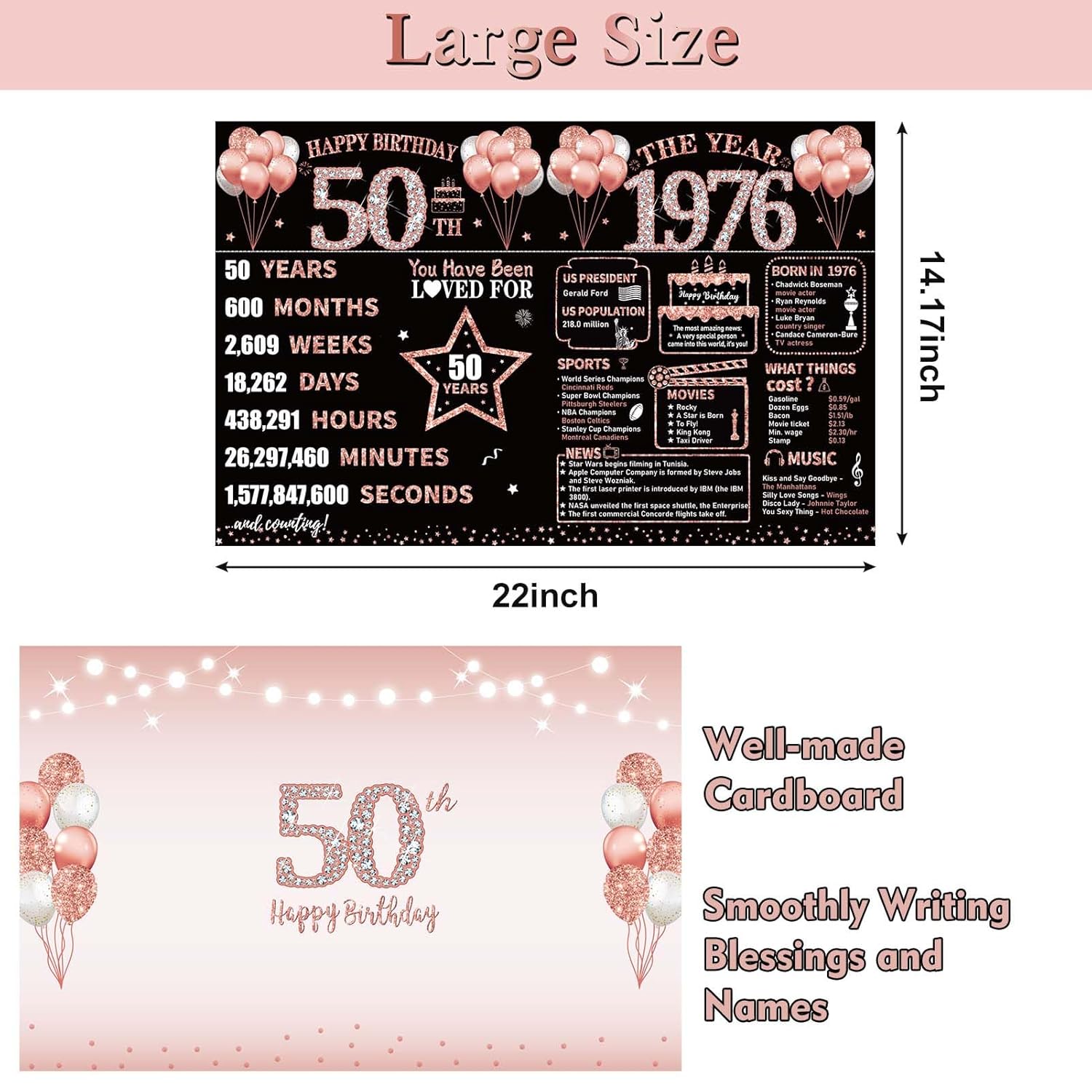Large 50Th Birthday Card With Envelope, Happy 50Th Birthday Decorations For Women, 1976 Jumbo Birthday Greeting Card, Fifty Birthday Gifts For Her, Rose Gold