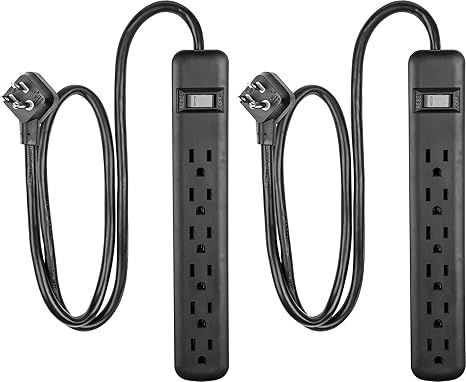 Surge Protector Power Strip 6 Outlets 450J 3FT Flat Plug Extension Cord 2 Pack Black