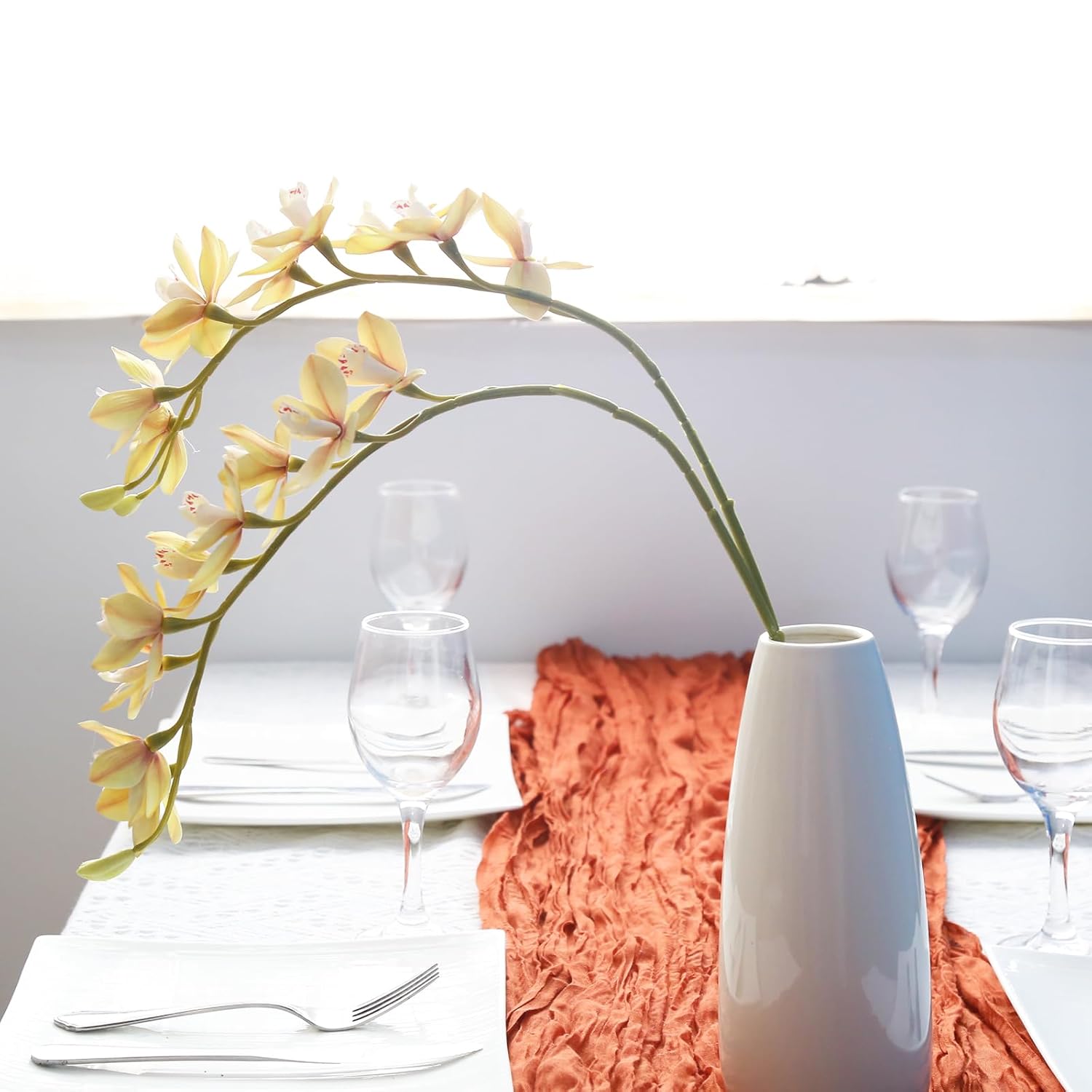 5 Pcs Real Touch Faux Orchid Champagne Orchid Artificial Flowers With Long Stem For Wedding Party Centerpiece Bridal Bouquet Diy Home Living Room Decoration