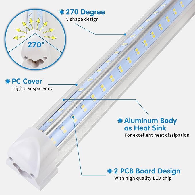 4 Pack 4FT LED Shop Lights 50W 7000LM 6500K V Shape Linkable Fixtures for Garage Workshop Warehouse