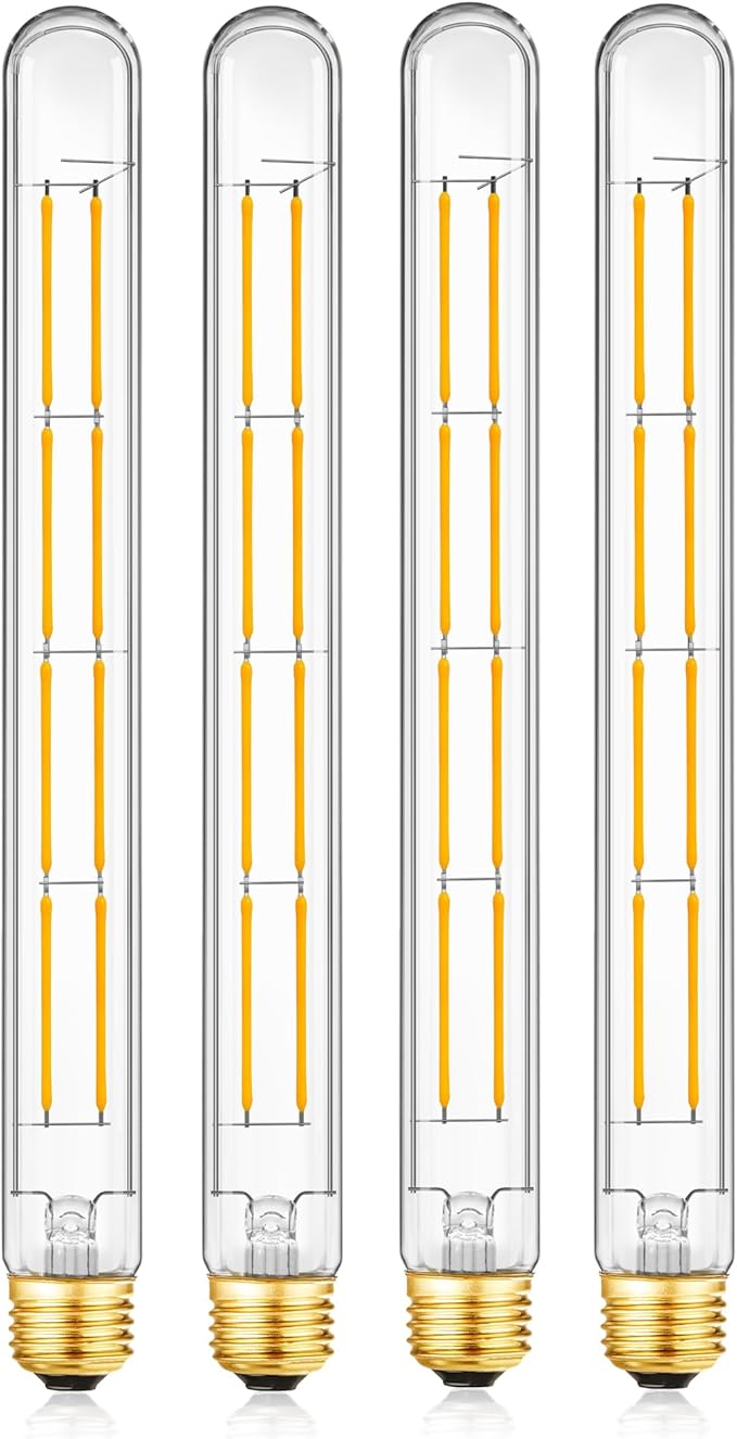 4 Pack T300 Long Tubular LED Bulbs 11.8 Inch E26 Dimmable Clear Glass Edison Tube 3000K
