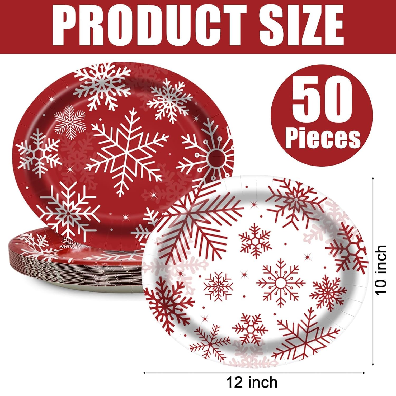 50 Pcs Christmas Oval Paper Plates 10" X 12",Large Disposable Xmas Party Decorations Paper Winter Snowflake Plates For Xmas Holiday New Year Dinner Party Supplies,50 Guests