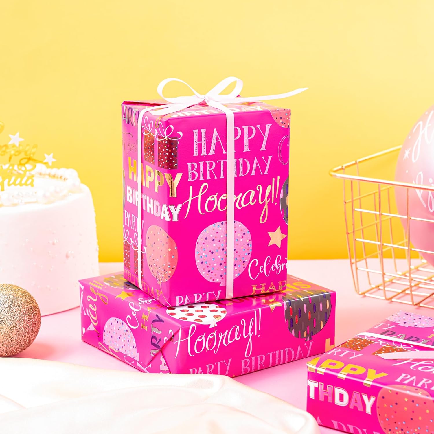 Birthday Wrapping Paper - Mini Roll - 17 Inch X 16.5 Feet - Gold Foil Hot Pink Happy Birthday Wrapping Paper For Kids, Girls, Women, Baby Shower