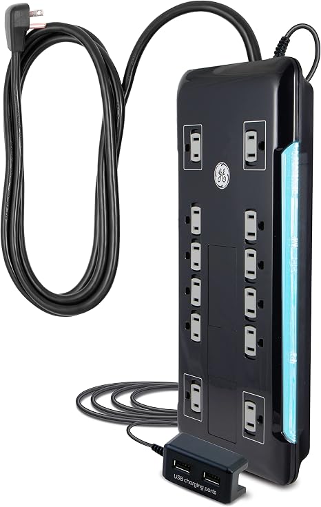 GE Surge Protector Power Strip 2 Tethered USB Ports
