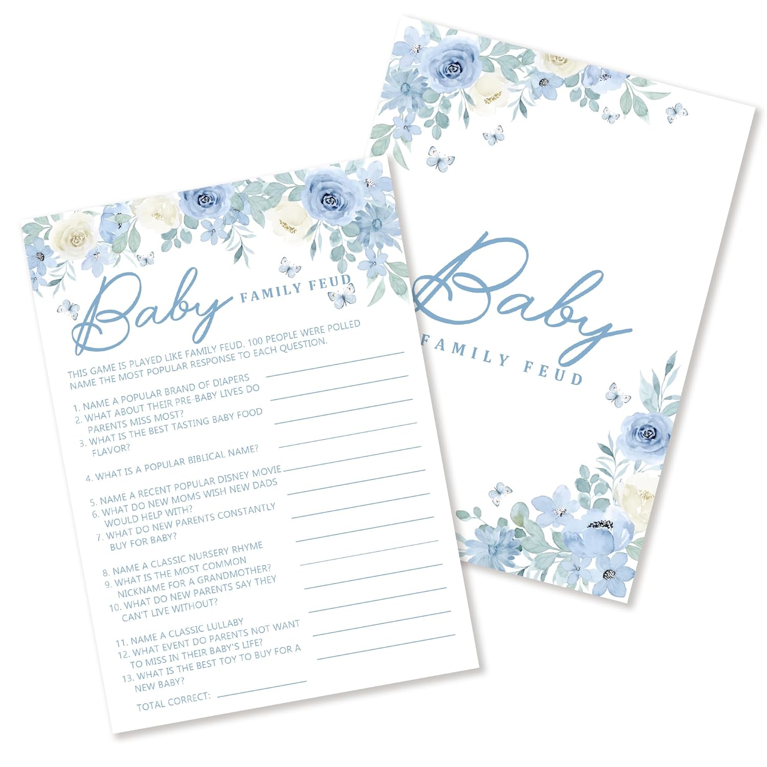 Blue Floral Family Feud Game, Baby In Bloom Baby Shower Games For Girl Boy, 25 Game Card & 1 Answer Card-A06