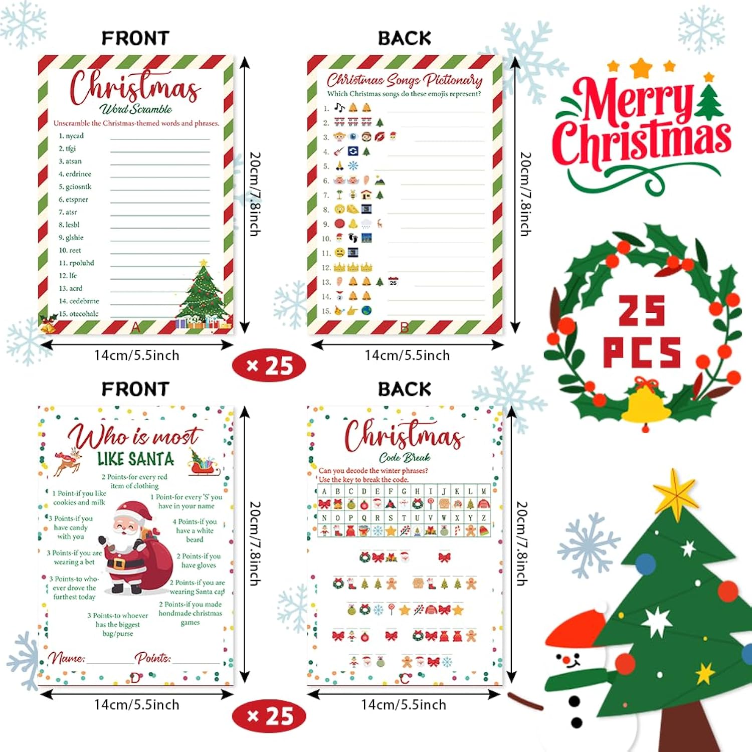 4 Christmas Party Games For Family Office? 25 Players Xmas Emoji Songs Pictionary & Word Scramble & Who Is Most Like Santa & Code Break Games With Answer Key For Large Groups Holiday Parties