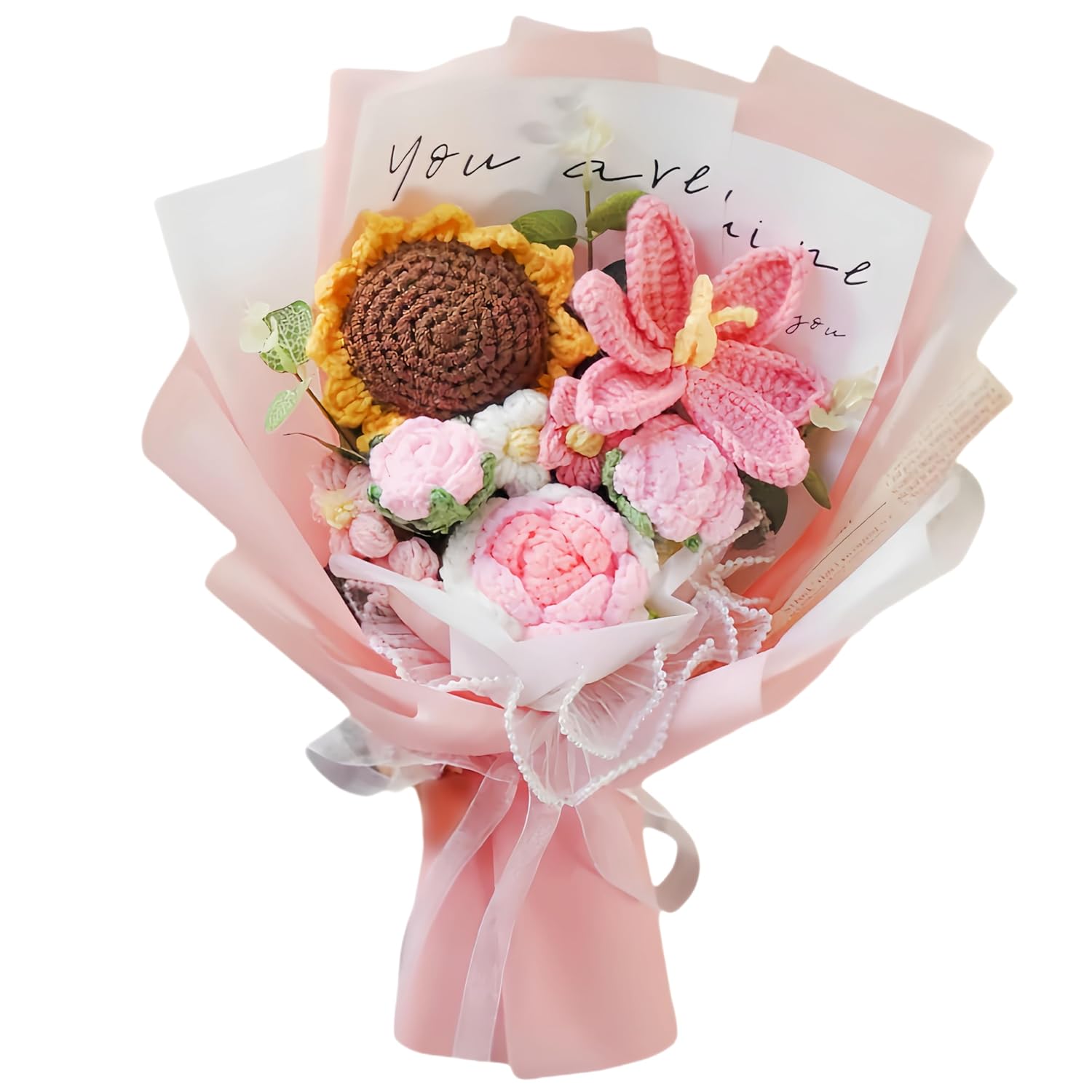 Crochet Flowers, Crochet Flower Bouquet, Crochet Sunflower, Tulip Roses Handmade Knitted Flowers, Carnation, Preserved Flower For Mother'S Day, Valentine'S Day, Birthday, Graduation (Pink)