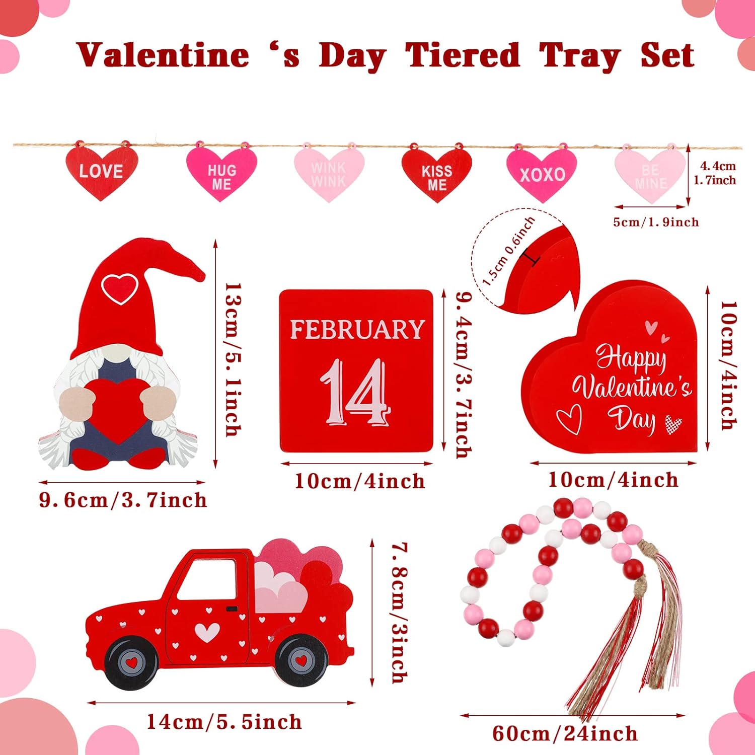 10 Pieces Valentine Gnome Tiered Tray Decor (Tray Not Included), Valentine Wood Heart Shaped And Bead Garland Decoration For Wedding Living Room Wall Decor(Romantic)