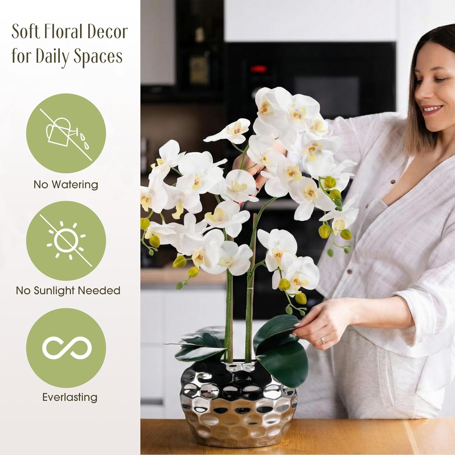 2 Pack Orchids Artificial Flowers 24" White Faux Phalaenopsis With Ceramic Pot, Real Touch Faux Silk Orchid Plant For Table Centerpieces Home Office Living Room Weeding Decoration
