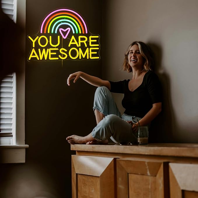 You Are Awesome Neon Sign Rainbow LED Wall Light USB Dimmable Decor for Classroom Bedroom Party