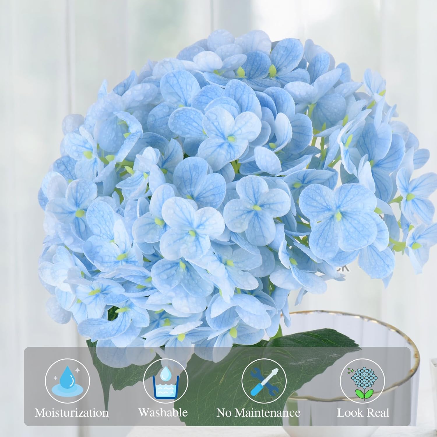 Artificial Hydrangea Flowers, 4 Pcs 21 Inch Real Touch Faux Hydrangea Stems For Party Weddings & Home Decor, Floral Arrangements-Light Blue