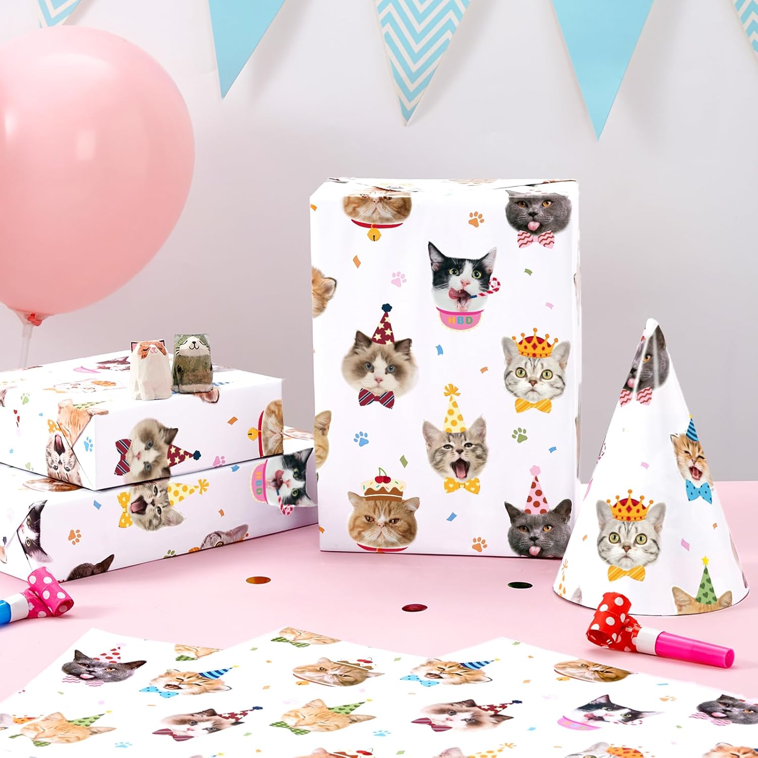 Cat Birthday Wrapping Paper - 6 Sheets 19.7” X 27.5” White Cat Gift Wrapping Paper For Kids Birthday Party Gift Packing Supply Funny Cute Theme Decor Favor