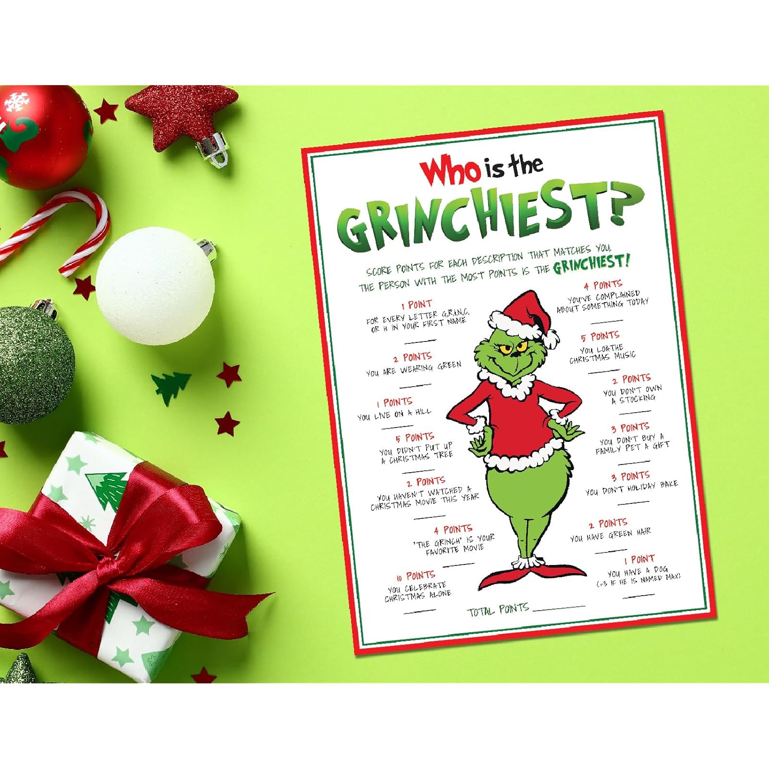 15 Who Is Most Like The Grinch Game Cards- Fun & Easy For Family Christmas Holiday Office Friends Church Party, Supplies, Activity, Decorations