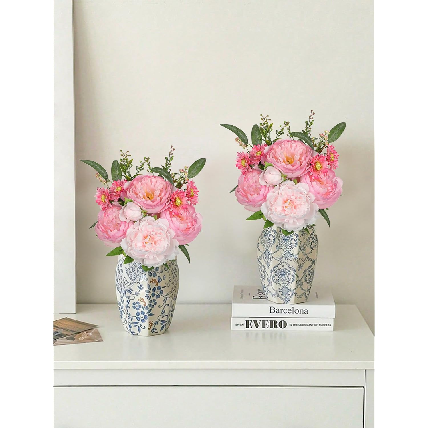 Artificial Peony Flower Stems 2 Pack (20Pcs) Hot Pink Faux Peonies & Daisies Silk Flowers 15.3" Realistic Fake Flowers For Vase Centerpiece Wedding Diy Bridal Bouquet Party Home Decor