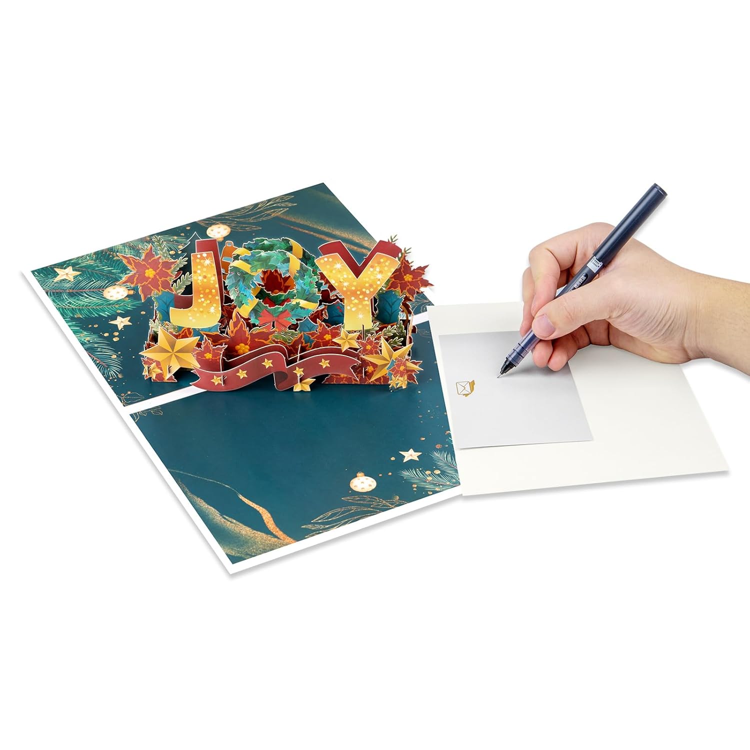 3D Pop Up Christmas Card,Festive Joy Design With Holiday Wreath, Poinsettias, Stars & Seasonal Accents,Unique Holiday Greeting & Keepsake Decoration With Envelope For Family, Friends & Gift Giving