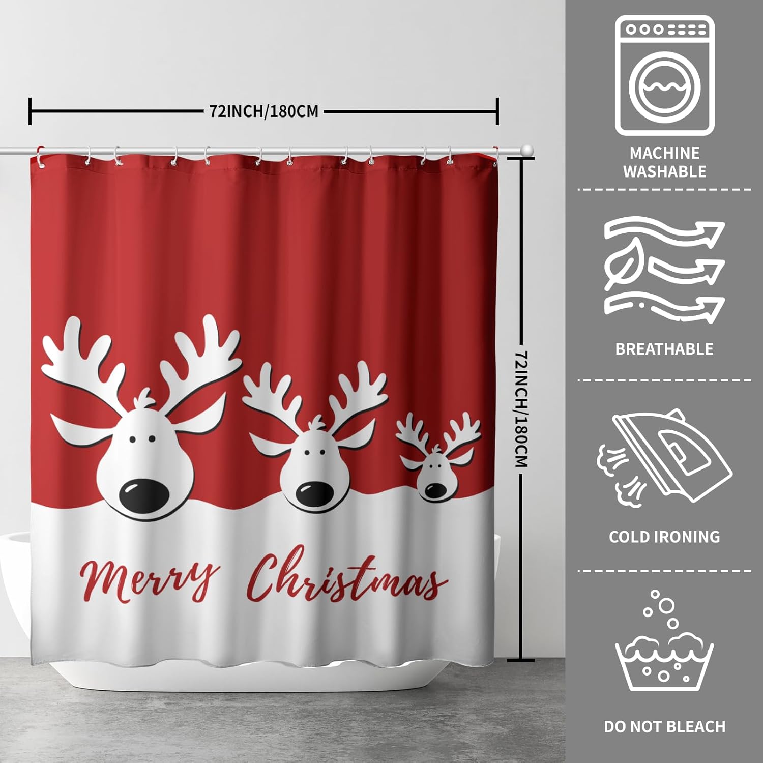 Merry Christmas Shower Curtain Christmas Elk Bathroom Curtain Xmas Cut Reindeer Red White Shower Curtains For Bathroom Winter Holiday New Year Farmhouse Shower Curtains With Hooks 72X72 Inch