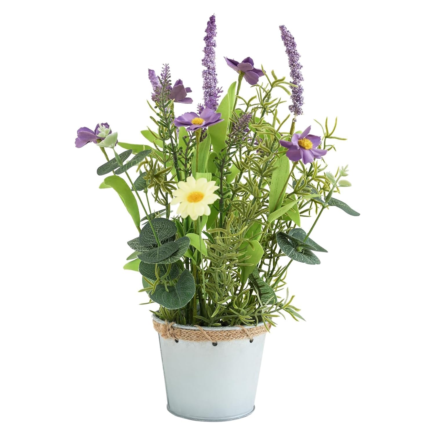 Artificial Flowers Potted, 12.2'’ Flower Arrangement W/Daisy & Lavender In Metal Pot, Fake Plants For Home Wedding Restaurant Dinner Decoration Shelf Table, Purple & Green