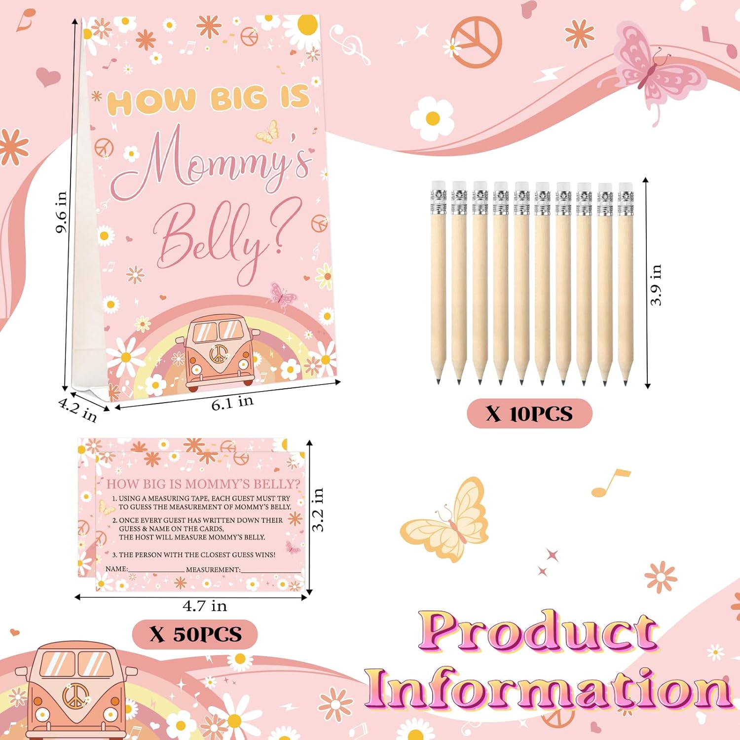 64 Pcs Guess Baby Shower Games Include How Big Is Mommy'S Belly Sign 50 Guessing Cards 10 Pencils 3 Measuring Tapes For Measure The Belly Baby Shower Game Gender Reveal Party (Rainbow)